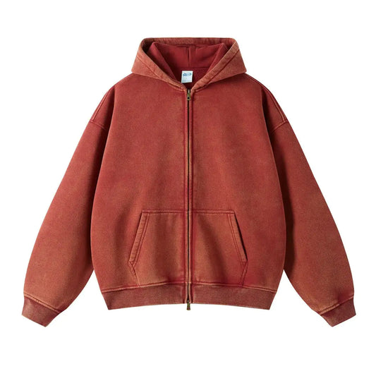 Red Loose Fit Washed Zip Up Hoodie