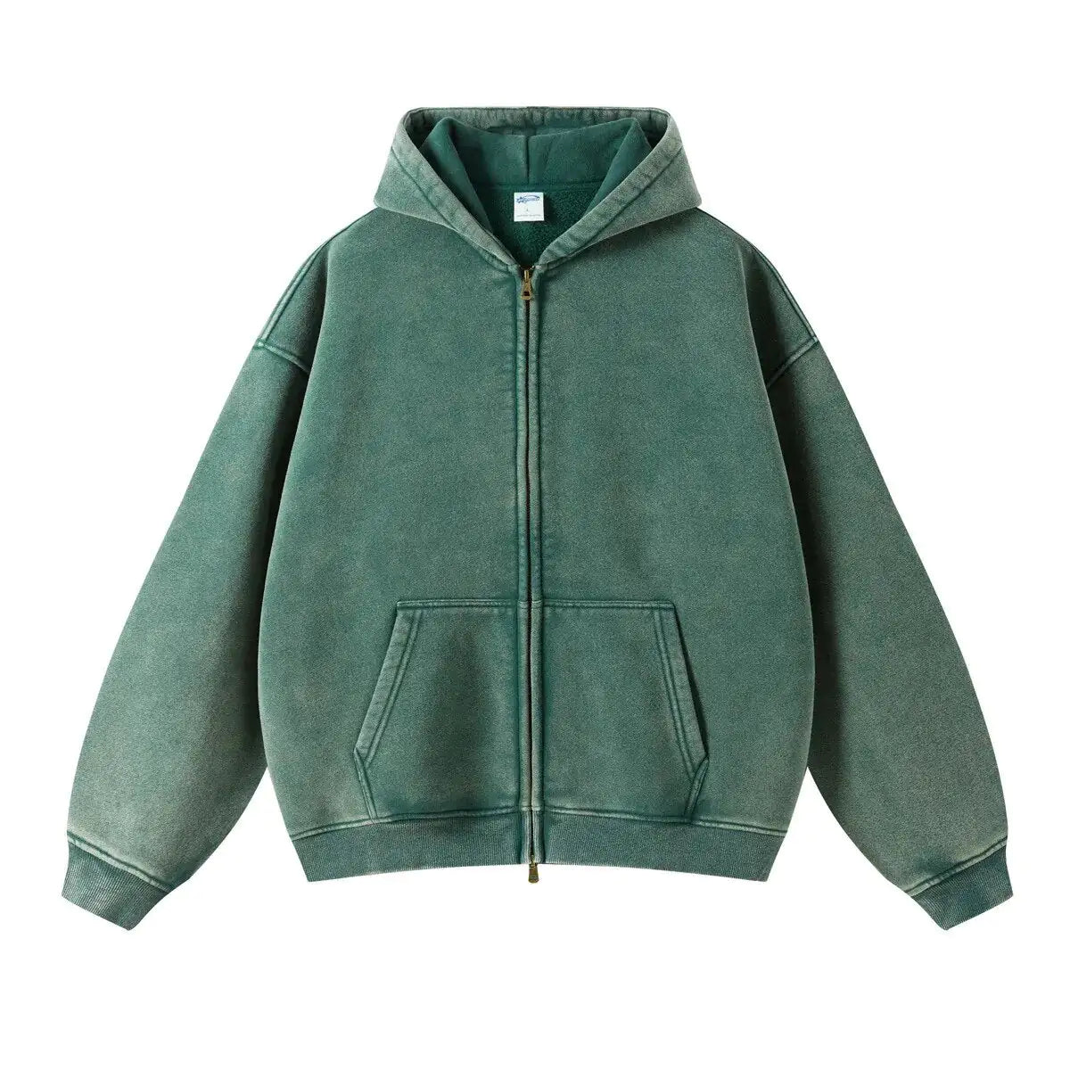 Green Loose Fit Washed Zip Up Hoodie