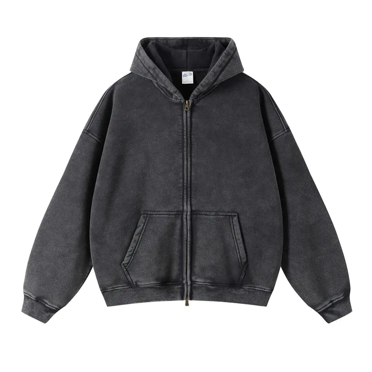 Black Loose Fit Washed Zip Up Hoodie