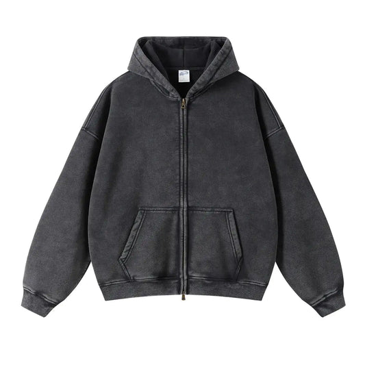 Black Loose Fit Washed Zip Up Hoodie