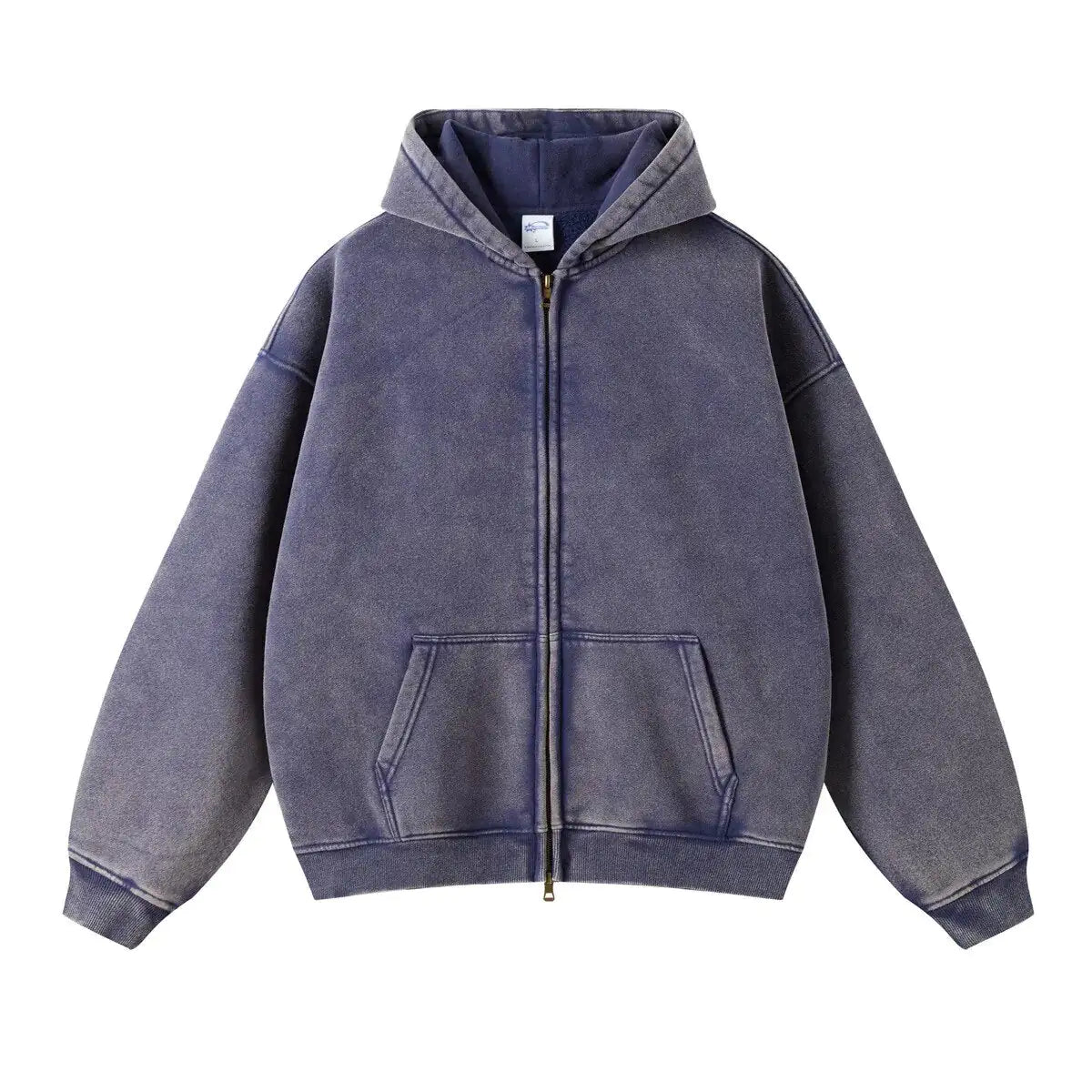 Blue Loose Fit Washed Zip Up Hoodie